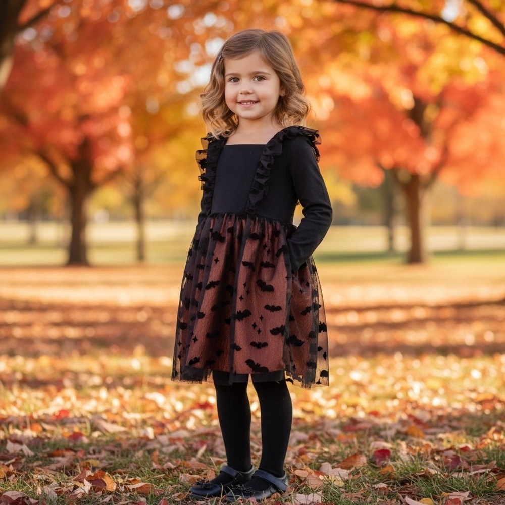 Cat & Jack Toddler Girls Halloween Bat Tulle Dress Black Orange 4T